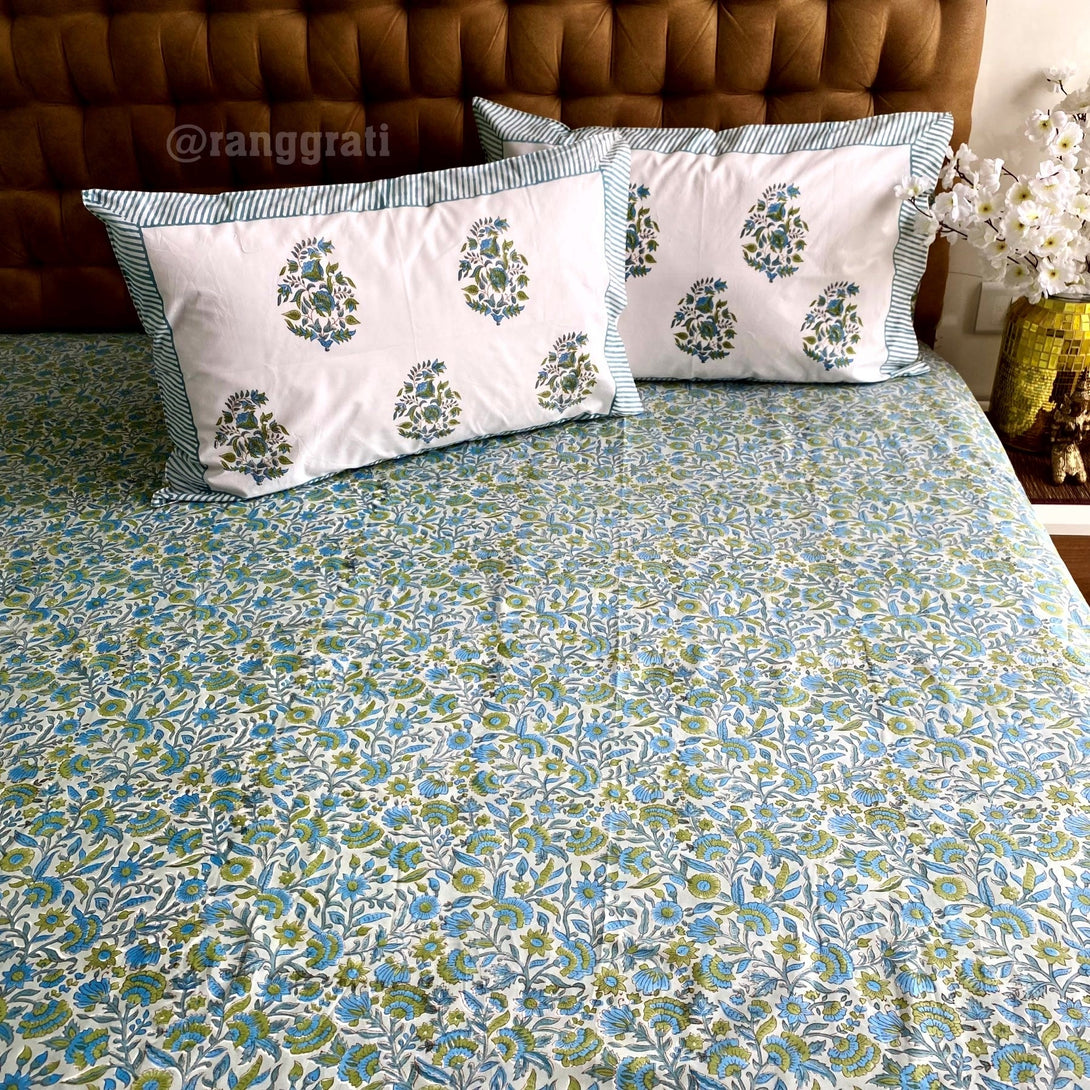 Teal Floral Super King Size 250 TC Bedsheet Cotton Hand Block - Bedsheet