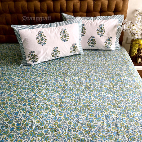 Teal Floral Super King Size 250 TC Bedsheet Cotton Hand Block - Bedsheet