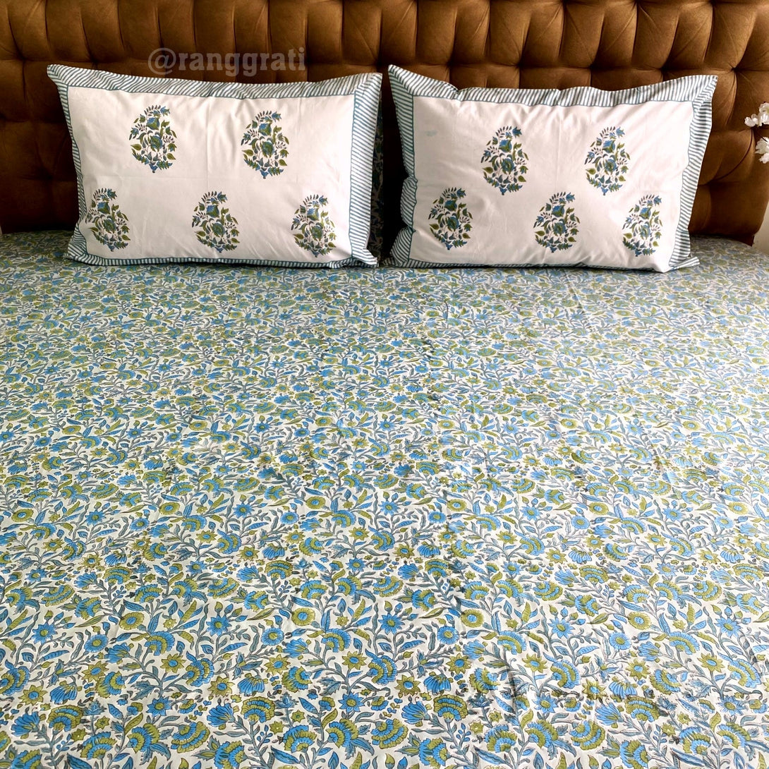 Teal Floral Super King Size 250 TC Bedsheet Cotton Hand Block - Bedsheet