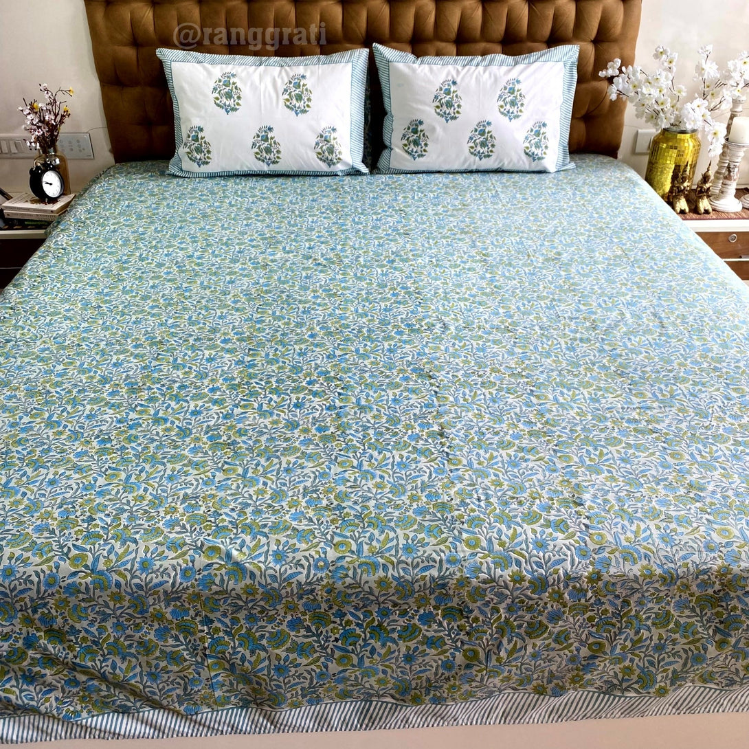 Teal Floral Super King Size 250 TC Bedsheet Cotton Hand Block - Bedsheet