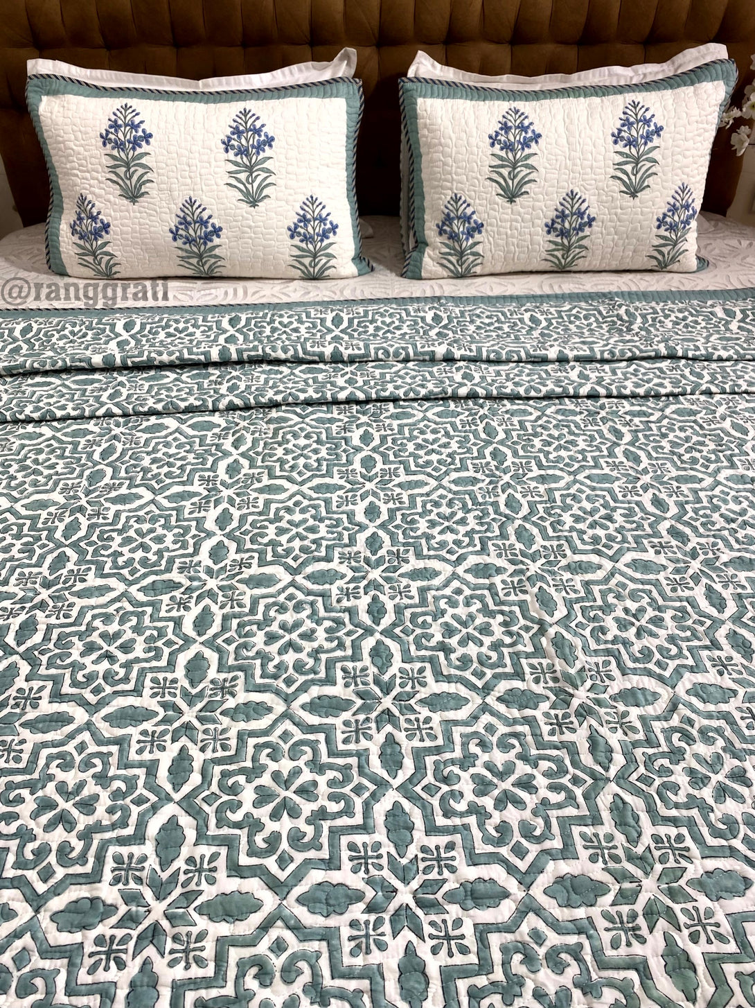 Teal Geometric Quilted Bedcover Super King 108 X 108