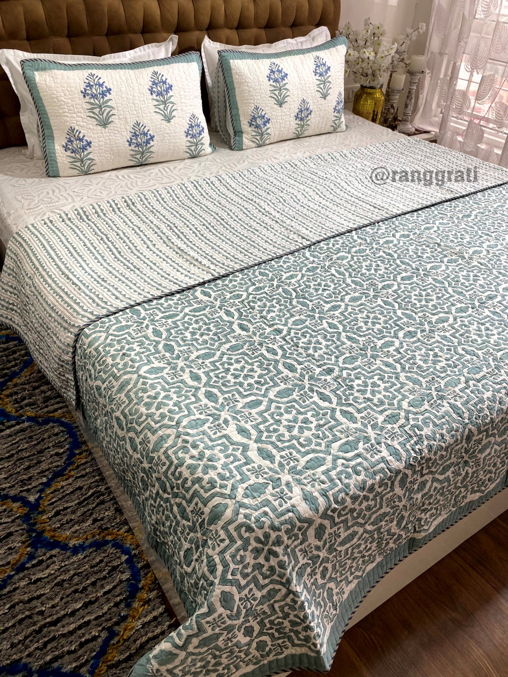 Super King Size Teal Geometric Quilted Bedcover 108 X 108 Inch