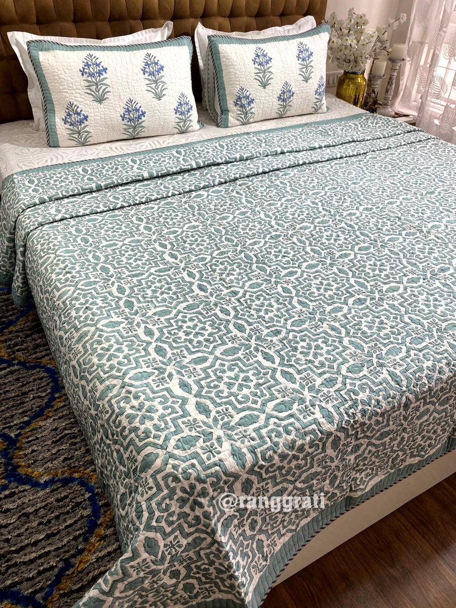 Teal Geometric Mulmul Voile Quilted Bedcover - 108 X 108 Inches