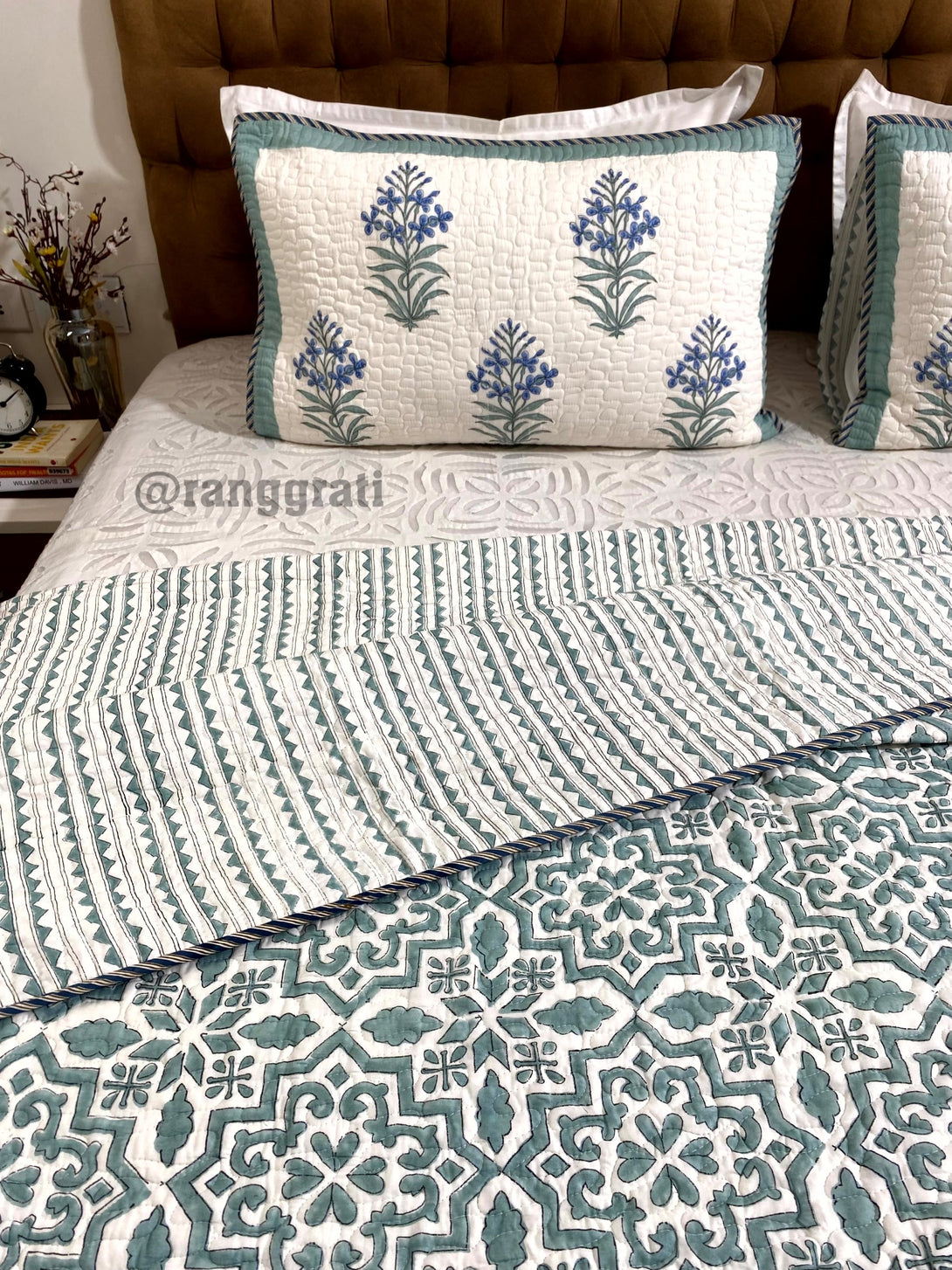 Super King Size Teal Geometric Quilted Bedcover Reversible