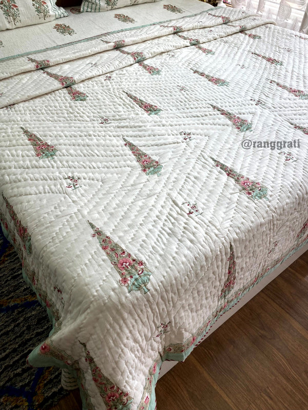 Teal Pine Tree Double King Razai / Quilt Cotton Hand Block Jaipuri