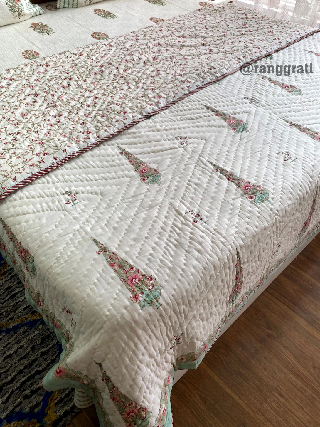 King Size Teal Pine Tree Double Razai / Quilt Cotton Hand Block Jaipuri