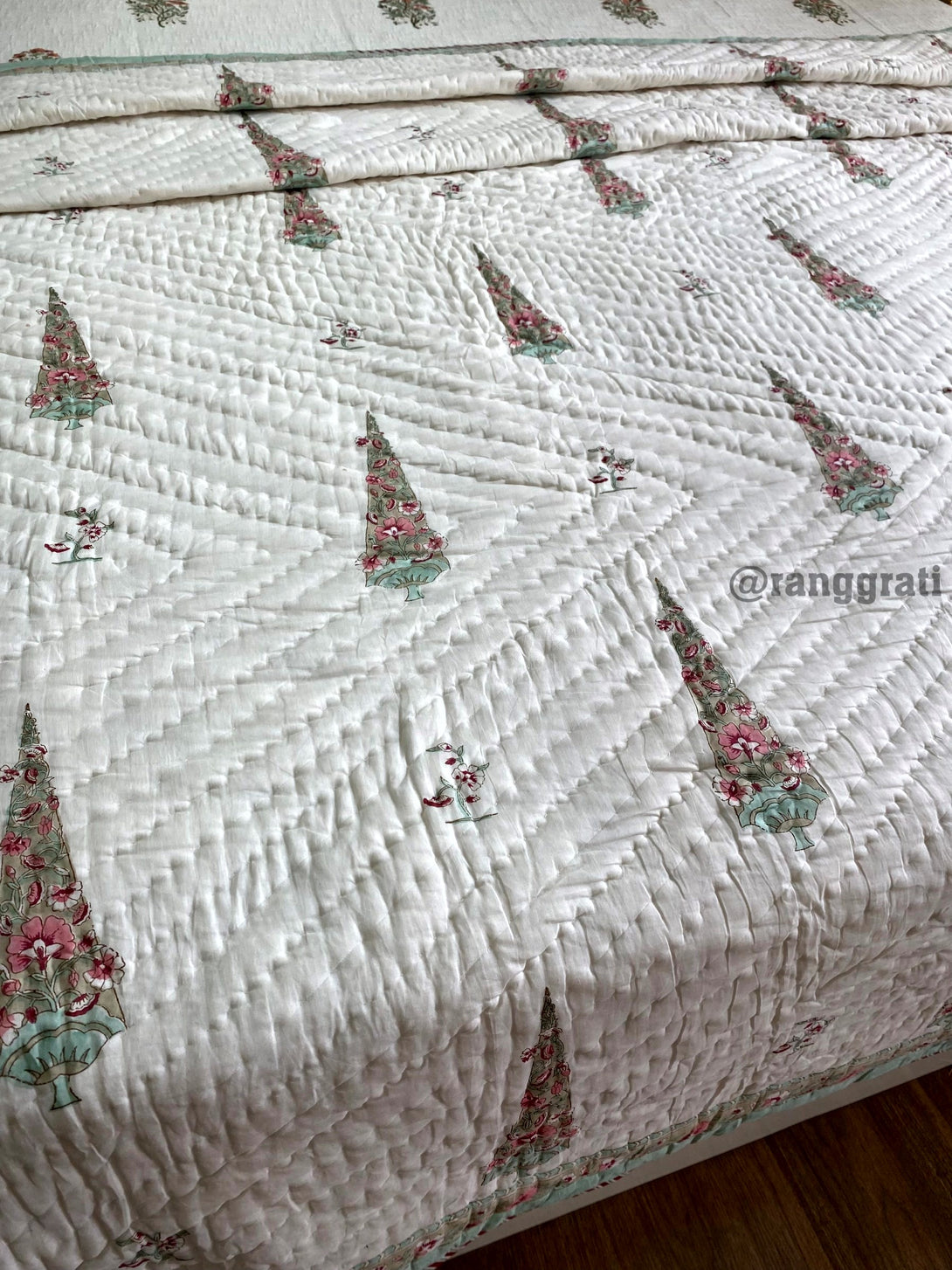 Teal Pine Tree Double Razai / Quilt Cotton Hand Block Jaipuri King Size