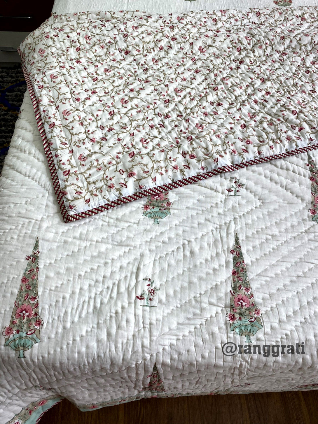 Reversible Teal Pine Tree Double King Razai / Quilt Cotton Hand Block Jaipuri