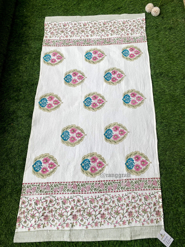 Pink Teal Floral Hand Block Printed Body Towel In Pure Cotton Waffle