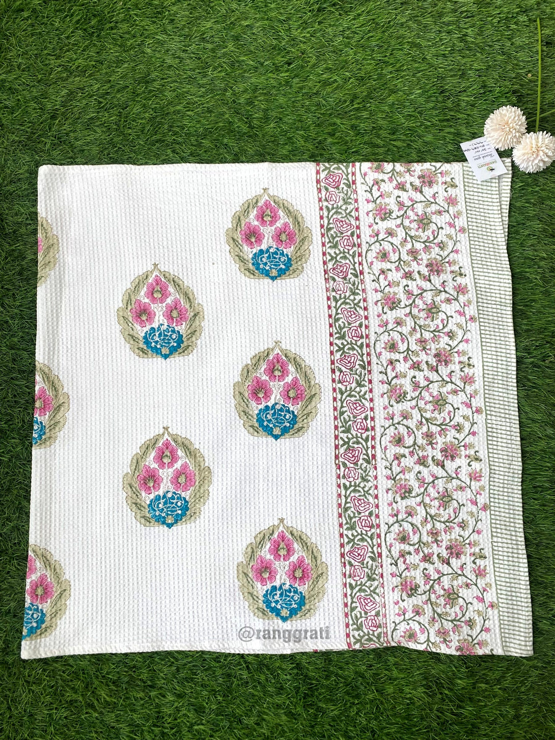 Pure Cotton Pink Teal Floral Hand Block Printed Body Towel