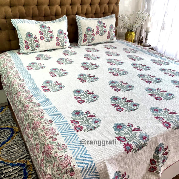 Teal Red Floral Jute Cotton Bedcover King Size - Bedcover