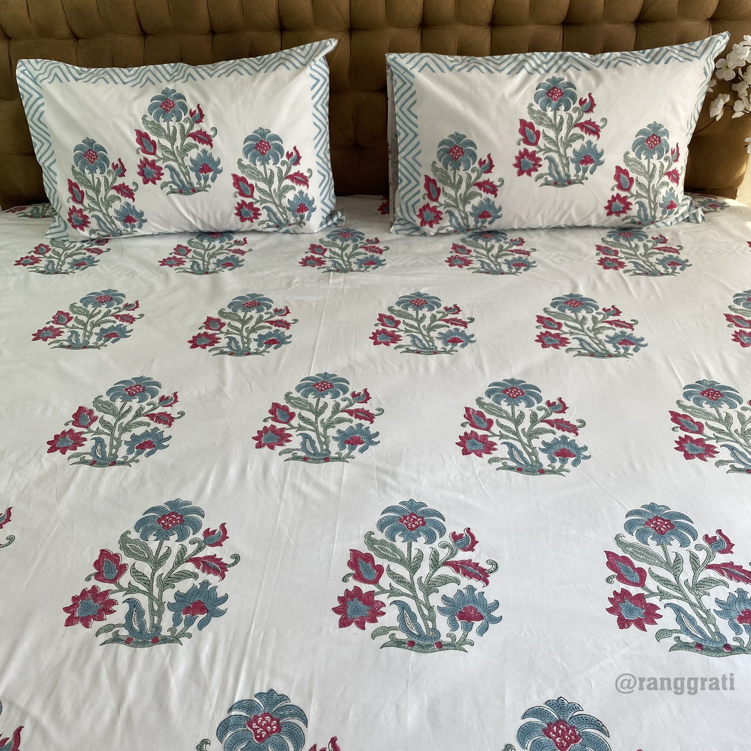 Teal Red Floral King Size 250 TC Bedsheet Pure Cotton Hand Block