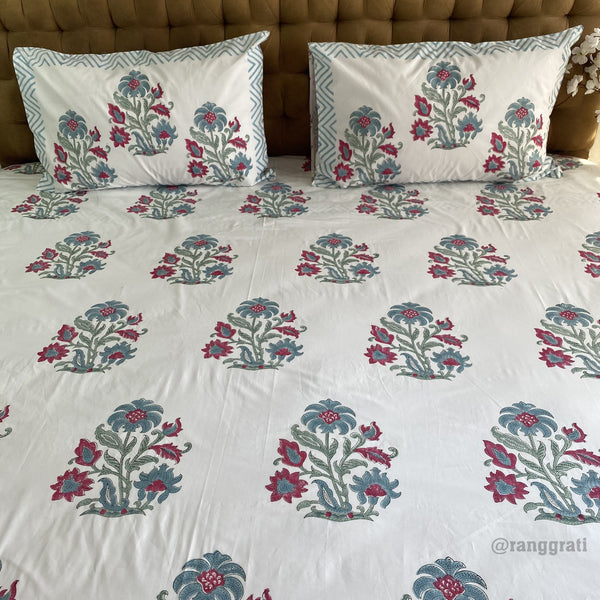 Teal Red Floral King Size 250 TC Bedsheet Pure Cotton Hand Block