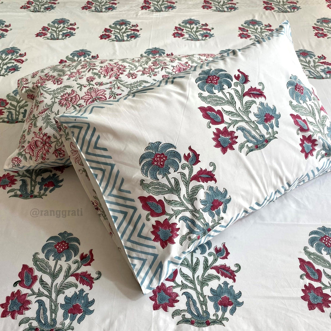 250 TC Teal Red Floral King Size Bedsheet Pure Cotton Hand Block