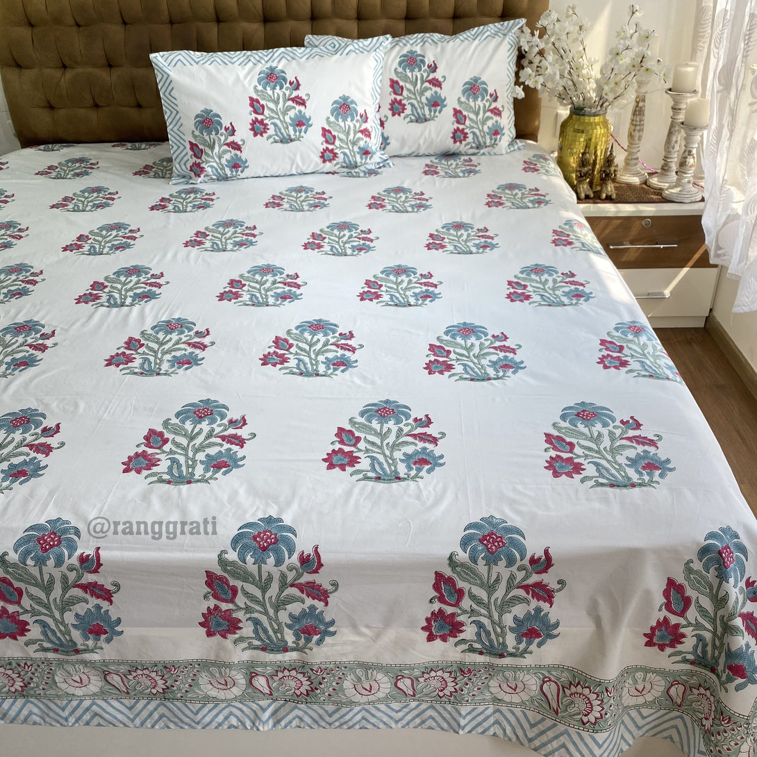 King Size Teal Red Floral 250 TC Bedsheet Pure Cotton Hand Block
