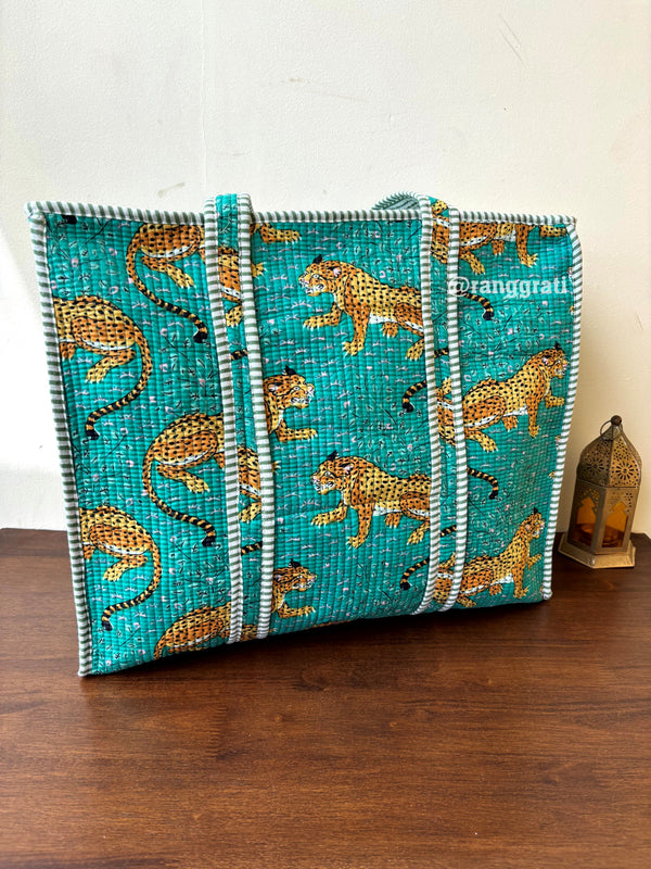 Teal Cheetah Tote Bag Quilted Hand Block Printed In Cotton With Zip