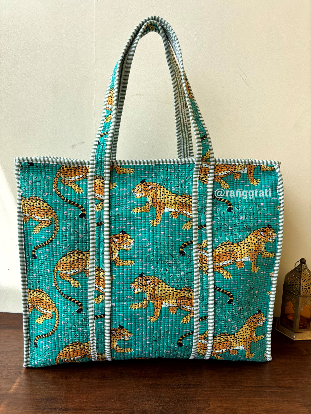 Teal Cheetah Tote Bag Quilted Hand Block Printed In Cotton With Zip
