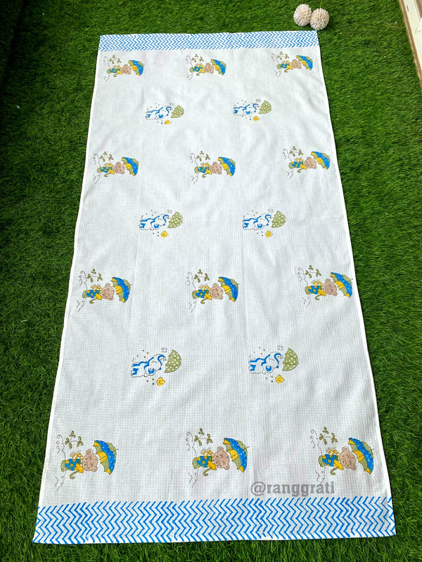 Teddy Bear Hand Block Printed Body Towel In Pure Cotton Waffle