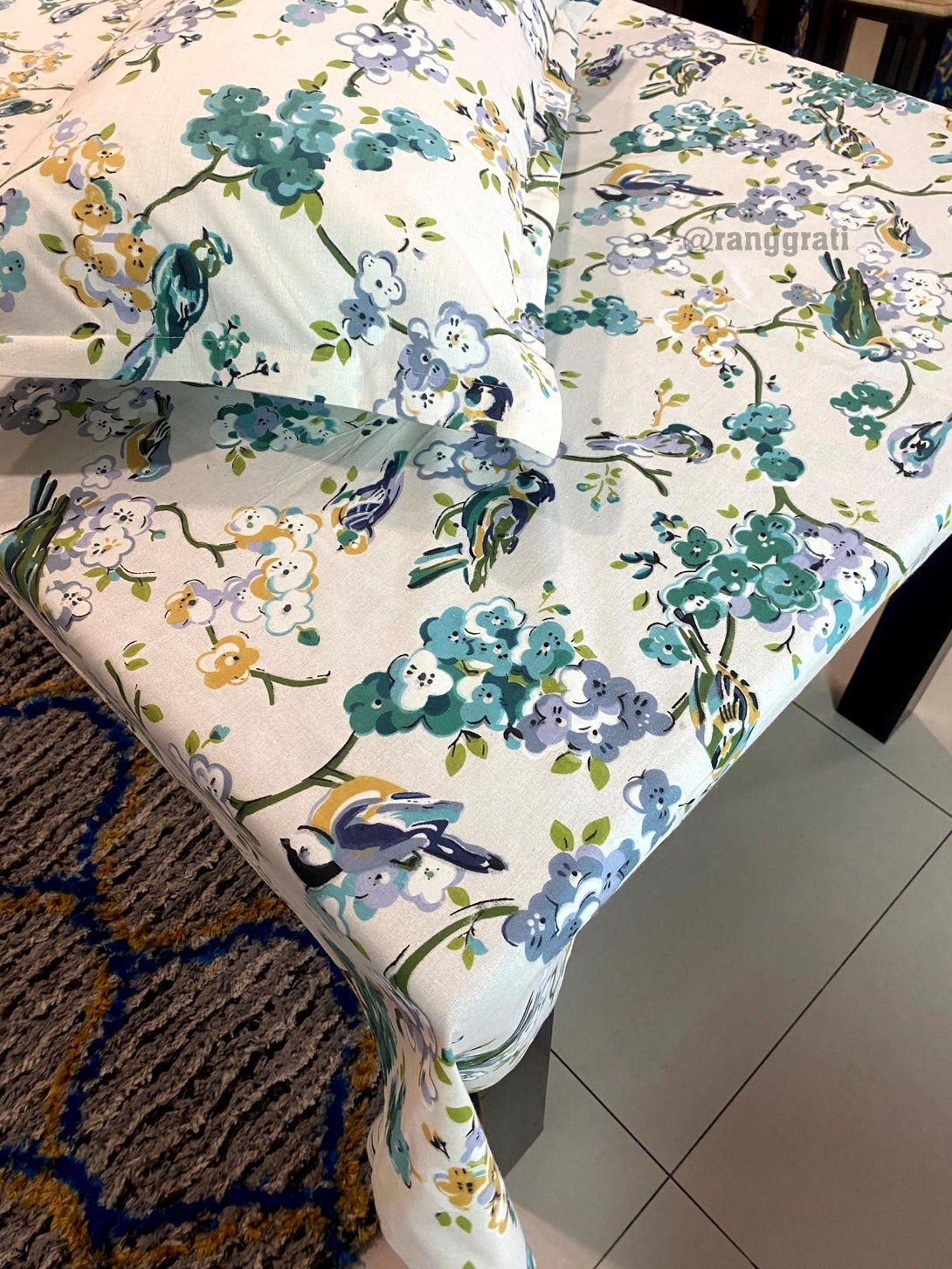 Turquoise Birdie Jaipuri Cotton Bedsheet For Single Bed With Pillow - Bedsheet