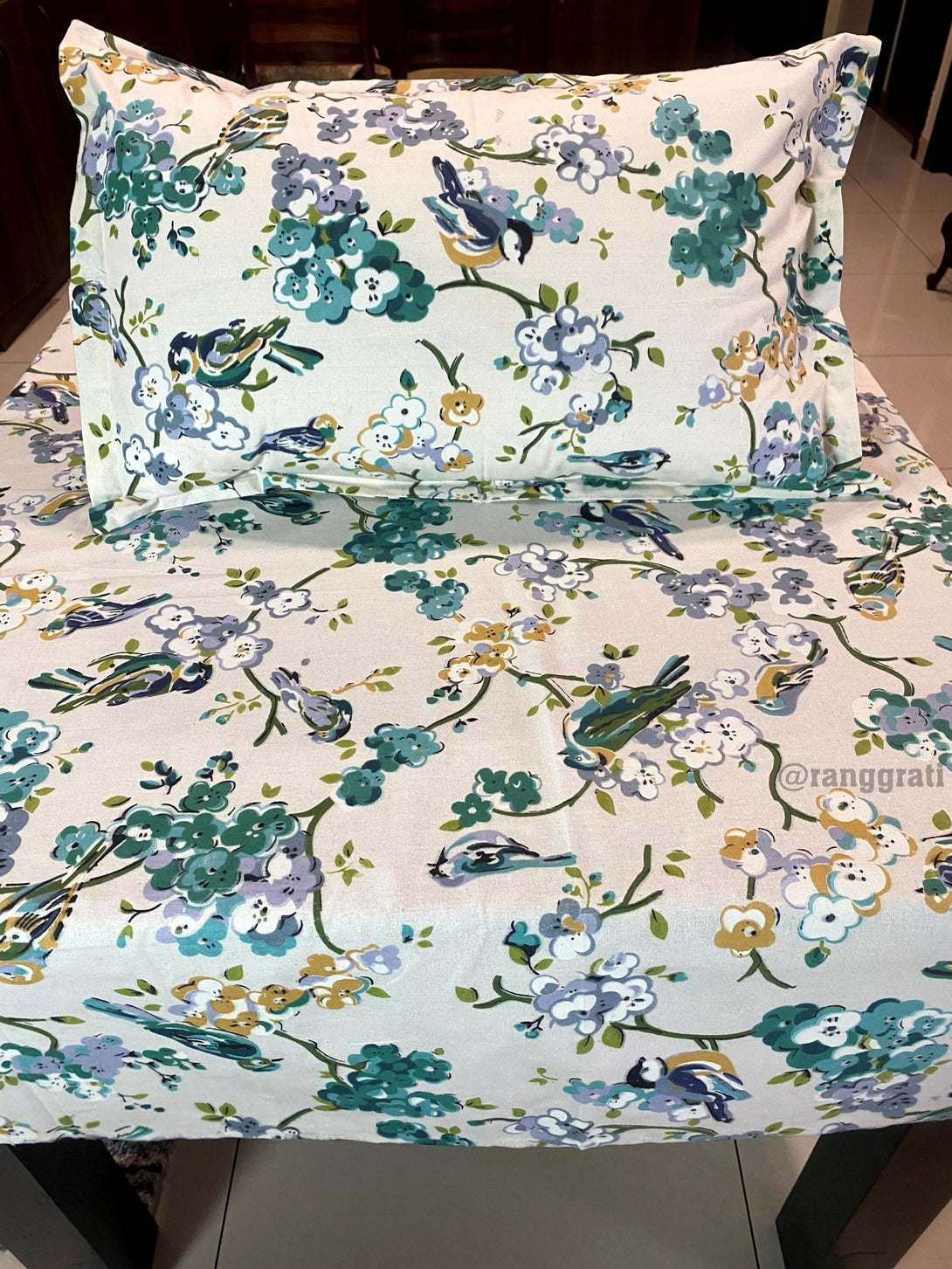 Turquoise Birdie Jaipuri Cotton Bedsheet For Single Bed With Pillow - Bedsheet
