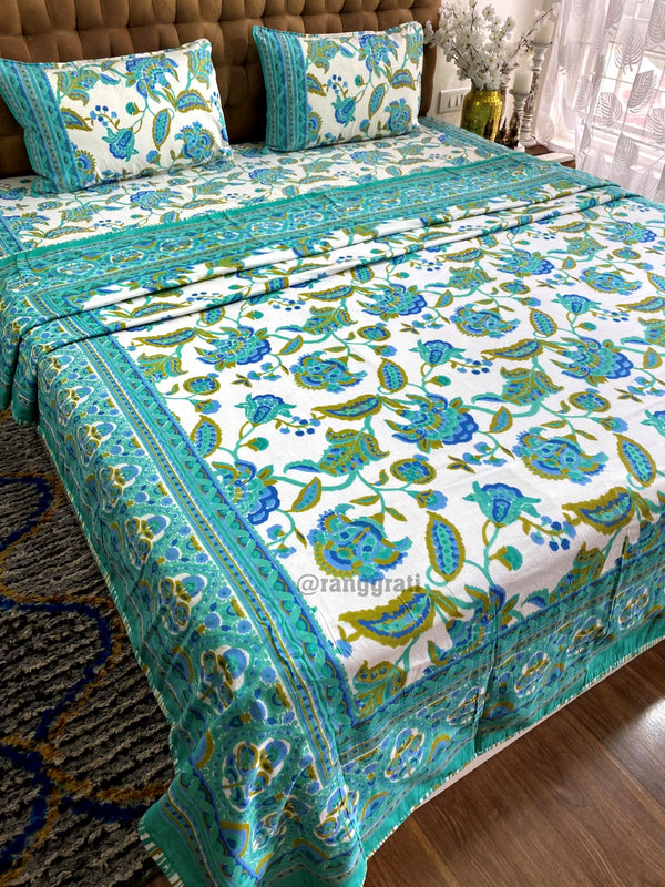 Turquoise Floral Hand-Block Bedding Set with Reversible Dohar