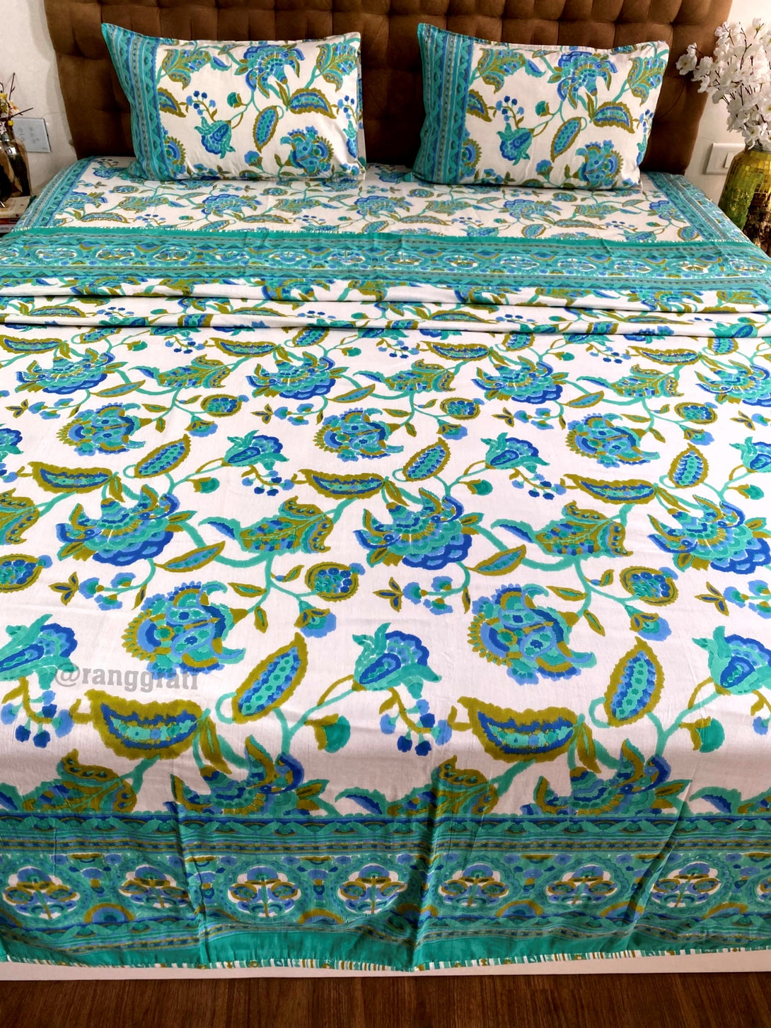 King-Size Turquoise Floral Bedsheet and Dohar Combo