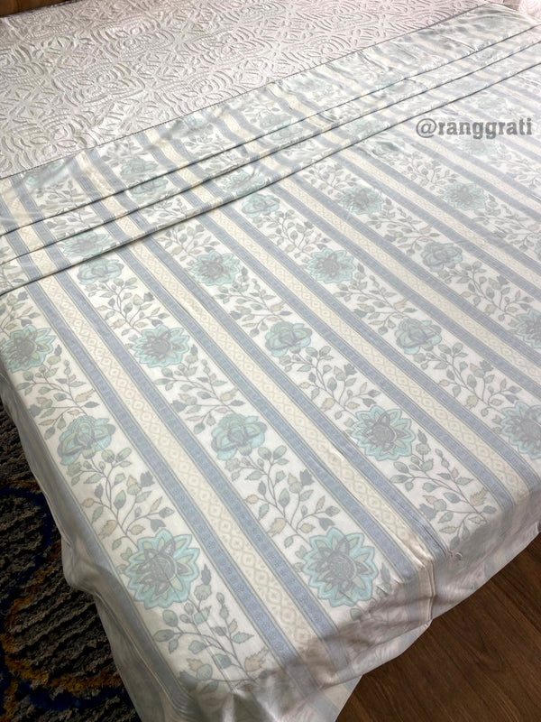Turquoise Floral 3D Dohar For Double Bed In Mulmul King Size