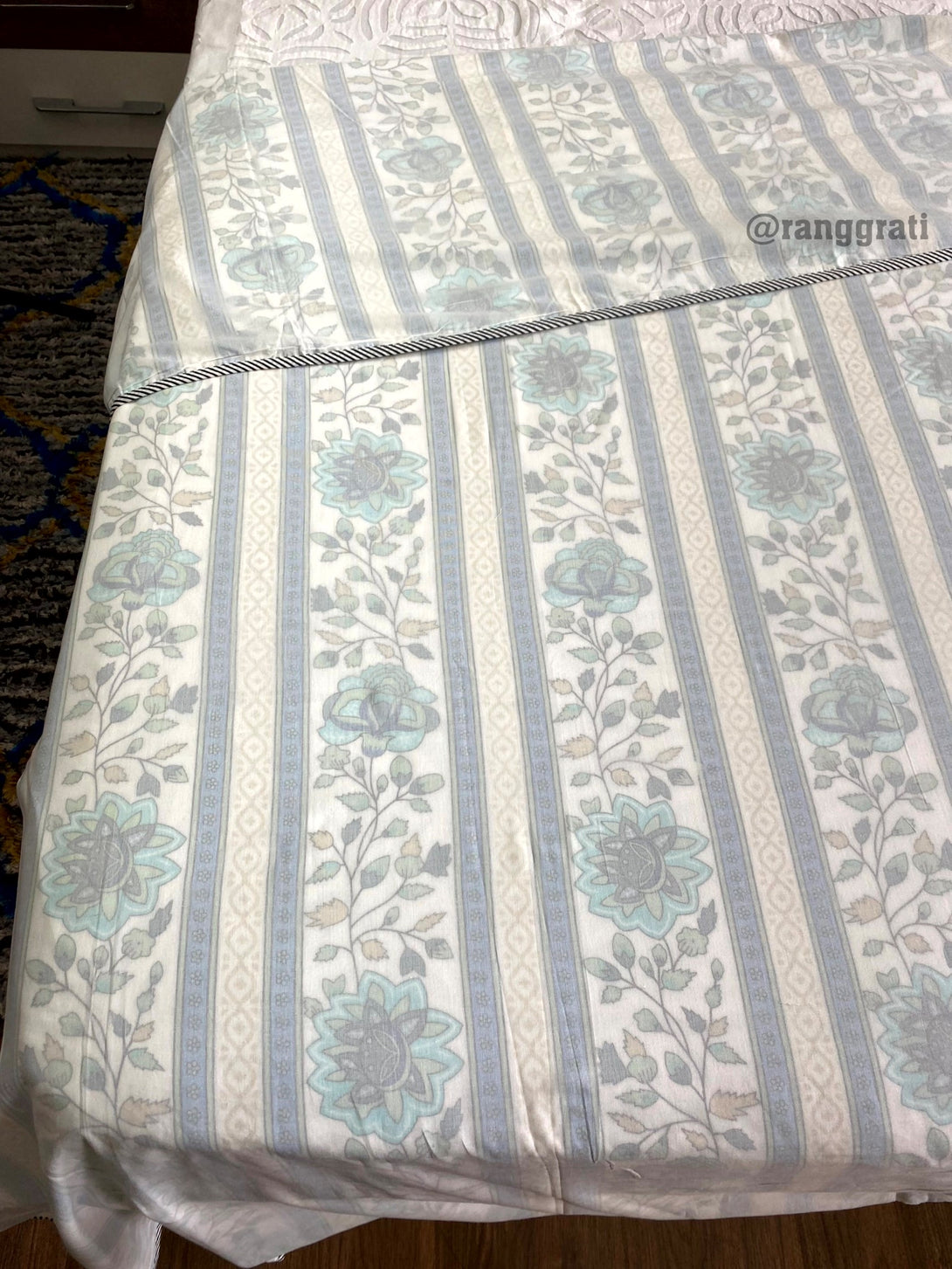 King Size Turquoise Floral 3D Dohar For Double Bed In Mulmul