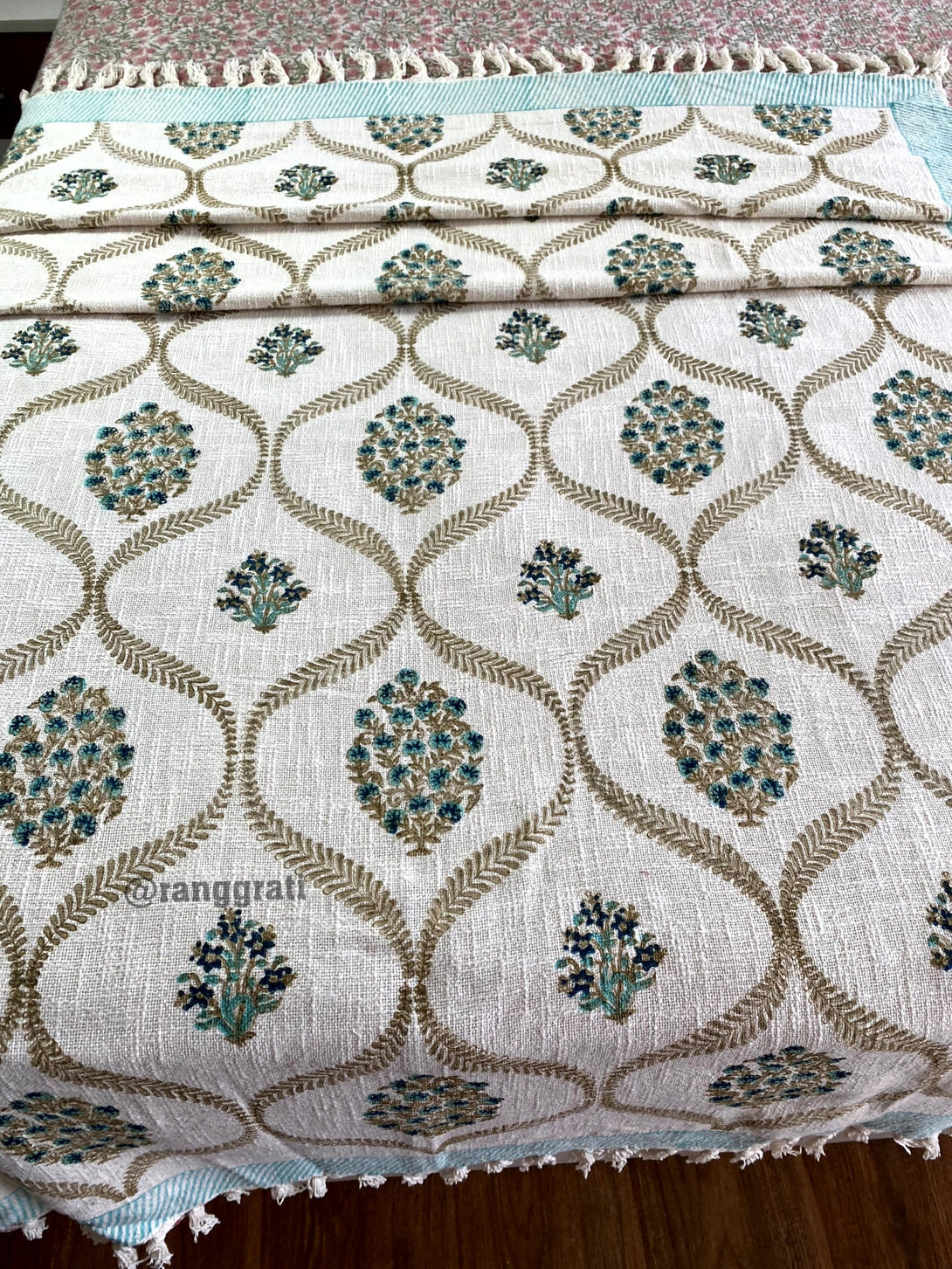 Turquoise Floral Jute Cotton Sofa Throw with Hand-Blocked Print