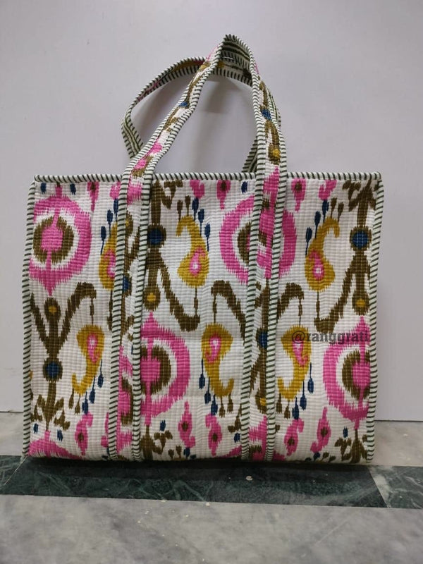 White and Mustard Paisley Tote Bag quilted Hand Block Printed Cotton with Zip Online - Tote Bag