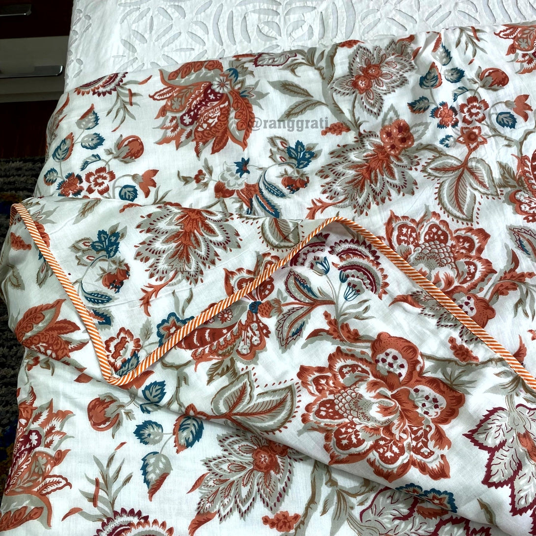 White And Orange Floral Cotton Dohar For Double Bed AC Quilt - Dohar