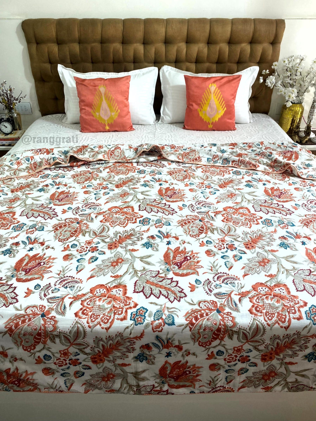 White And Orange Floral Cotton Dohar For Double Bed AC Quilt - Dohar