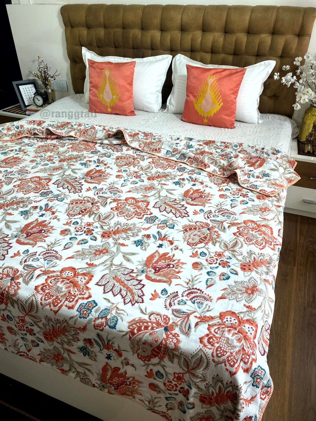 White And Orange Floral Cotton Dohar For Double Bed AC Quilt - Dohar