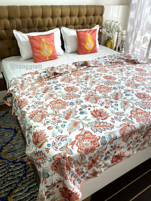 White And Orange Floral Cotton Dohar For Double Bed AC Quilt - Dohar