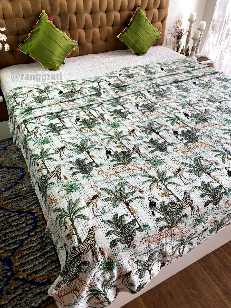 White Animal Kantha Bedcover For Double Bed King Size
