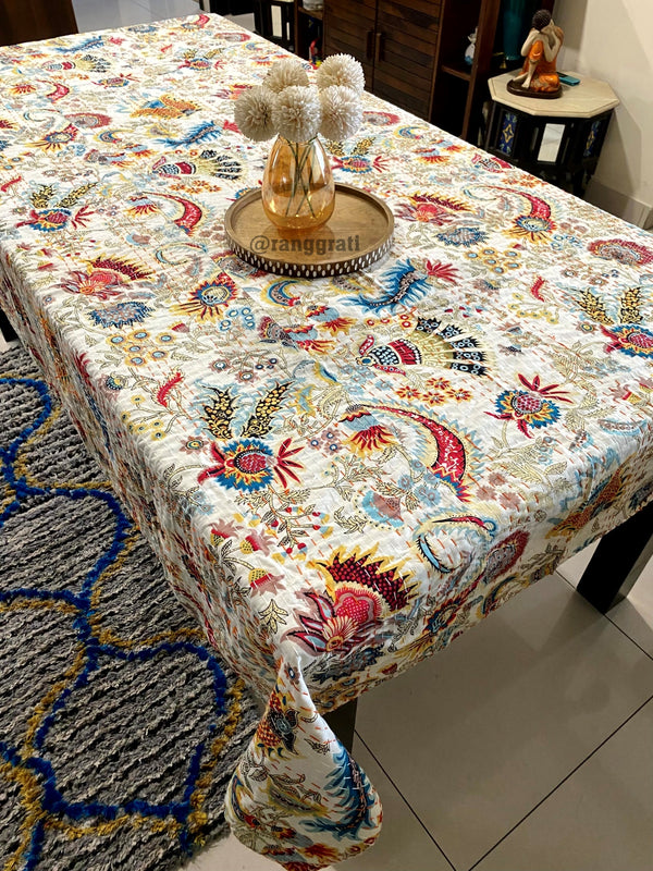 White Floral Table Cover Cloth 6 Seater Dining Table Kantha Rectangular