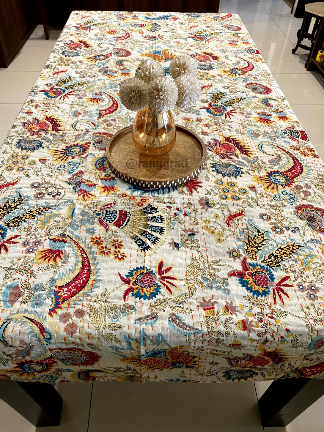 White Floral Table Cover Cloth 6 Seater 