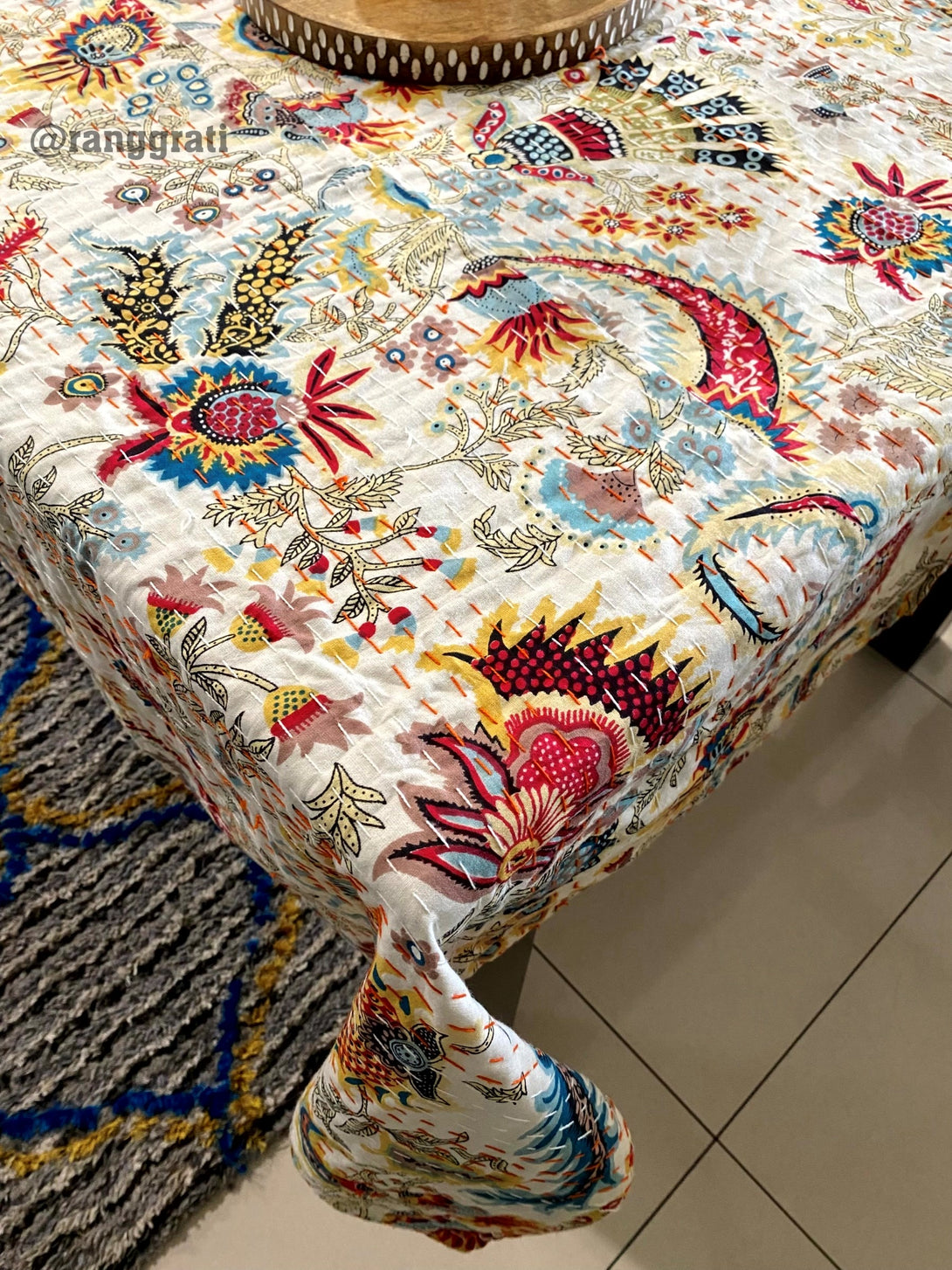 6 Seater White Floral Table Cover Cloth Kantha Rectangular