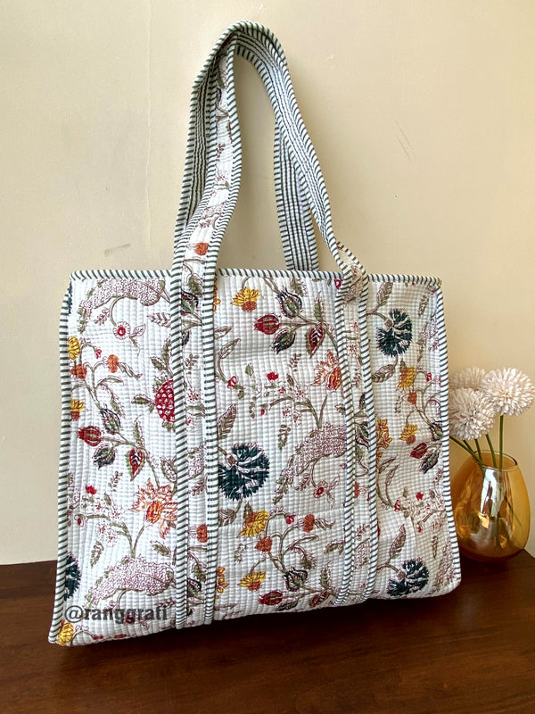 White Floral Tote Bag Quilted Hand Block Printed In Cotton With Zip