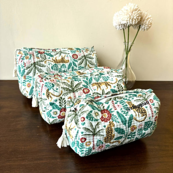 White Forest Quilted Travel Pouch Hand Block Set of 3 - Pouch