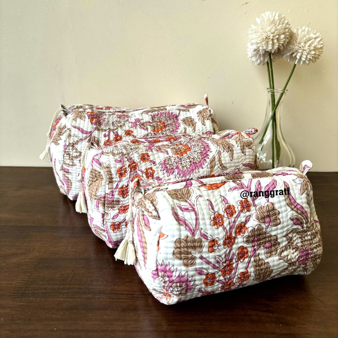 White Orange Floral Quilted Travel Pouch Hand Block Set of 3 - Pouch