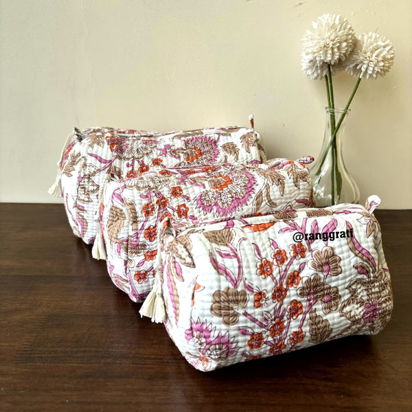 White Orange Floral Quilted Travel Pouch Hand Block Set of 3 - Pouch