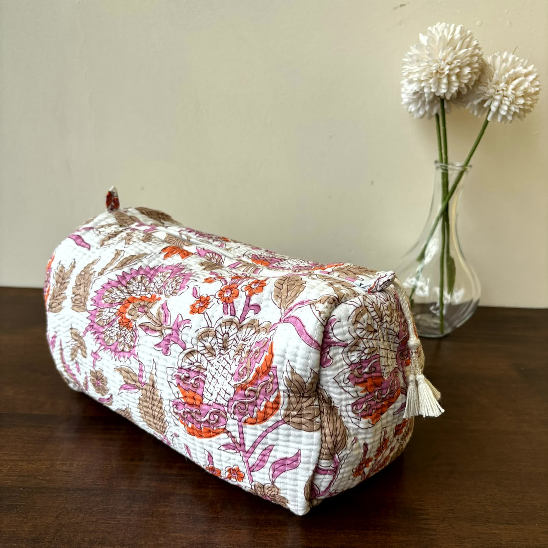 White Orange Floral Quilted Travel Pouch Hand Block Set of 3 - Pouch