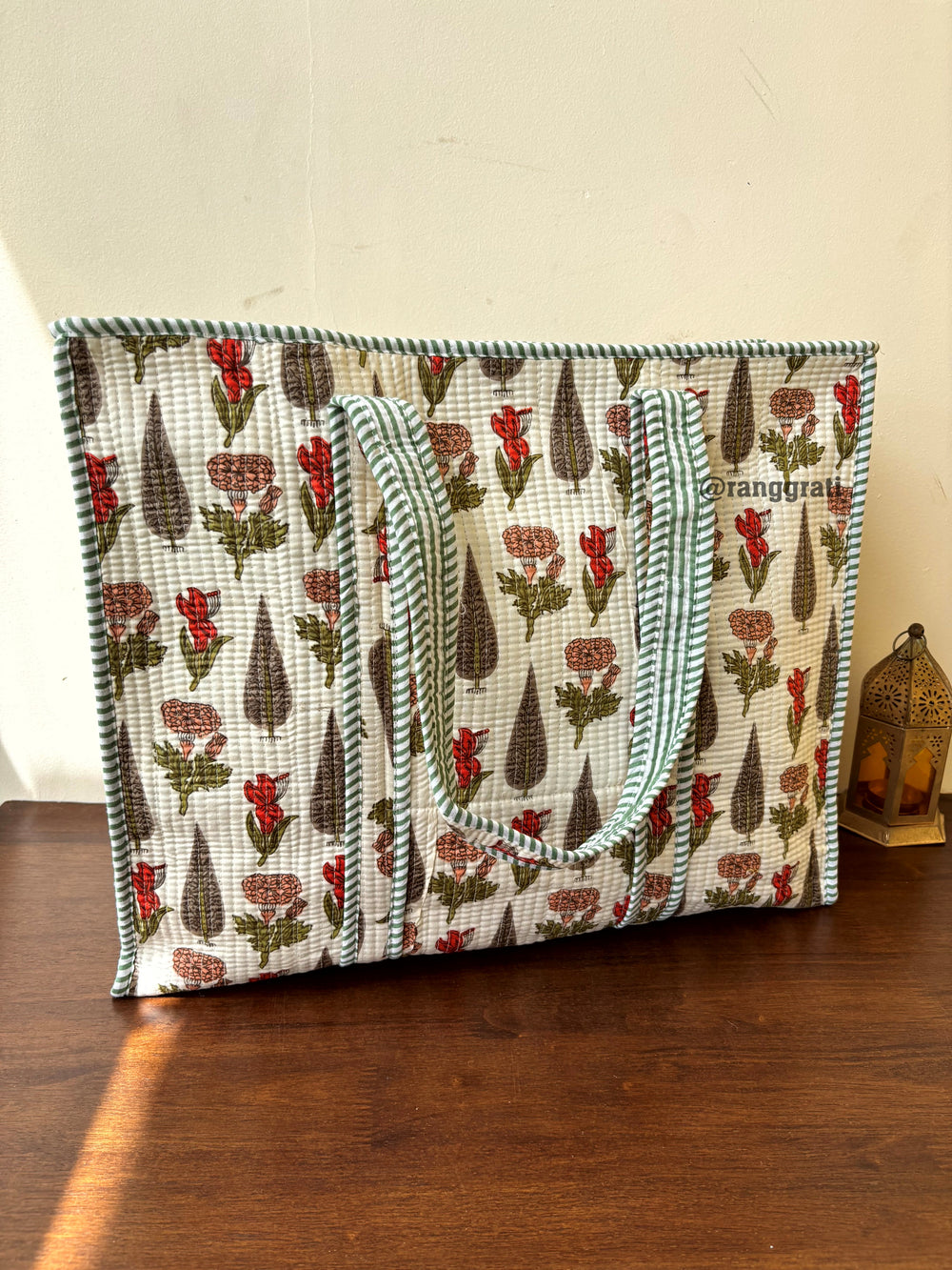 White Pine Floral Cotton Tote Bag Quilted Hand Block Printed With Zip