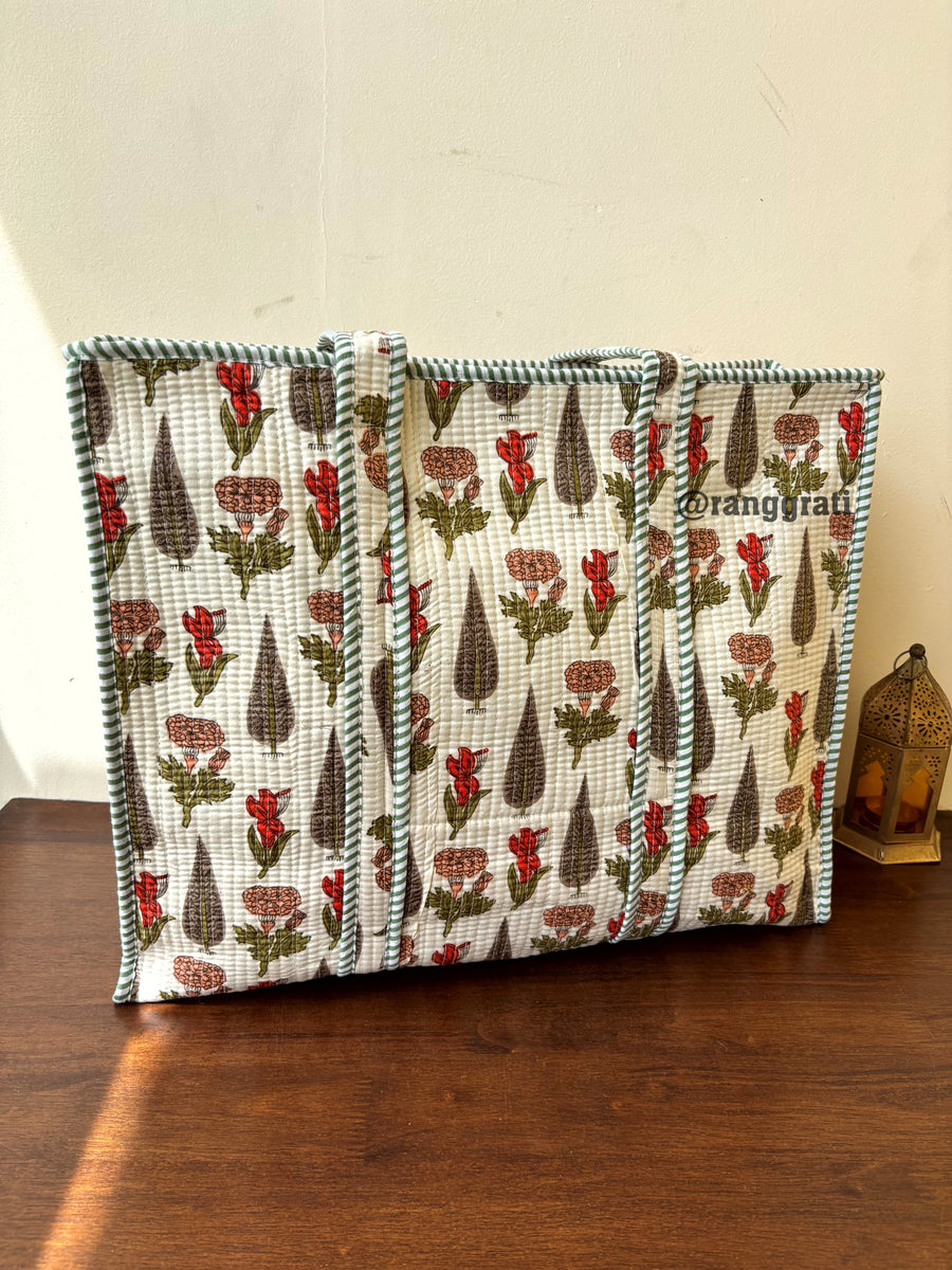 White Pine Floral Tote Bag Quilted Hand Block Printed Cotton with Zip Online