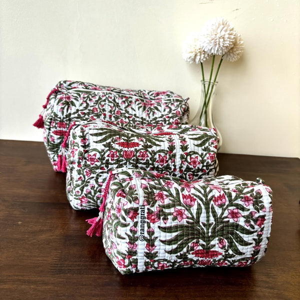 White Pink Floral Quilted Travel Pouch Hand Block Set of 3 - Pouch