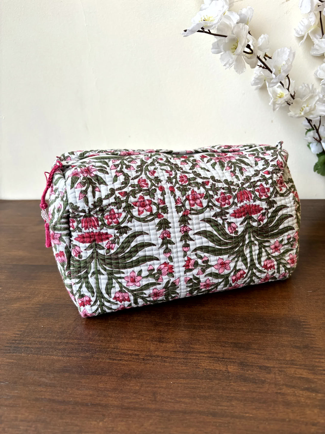 White Pink Floral Quilted Travel Pouch Hand Block Set of 3 - Pouch