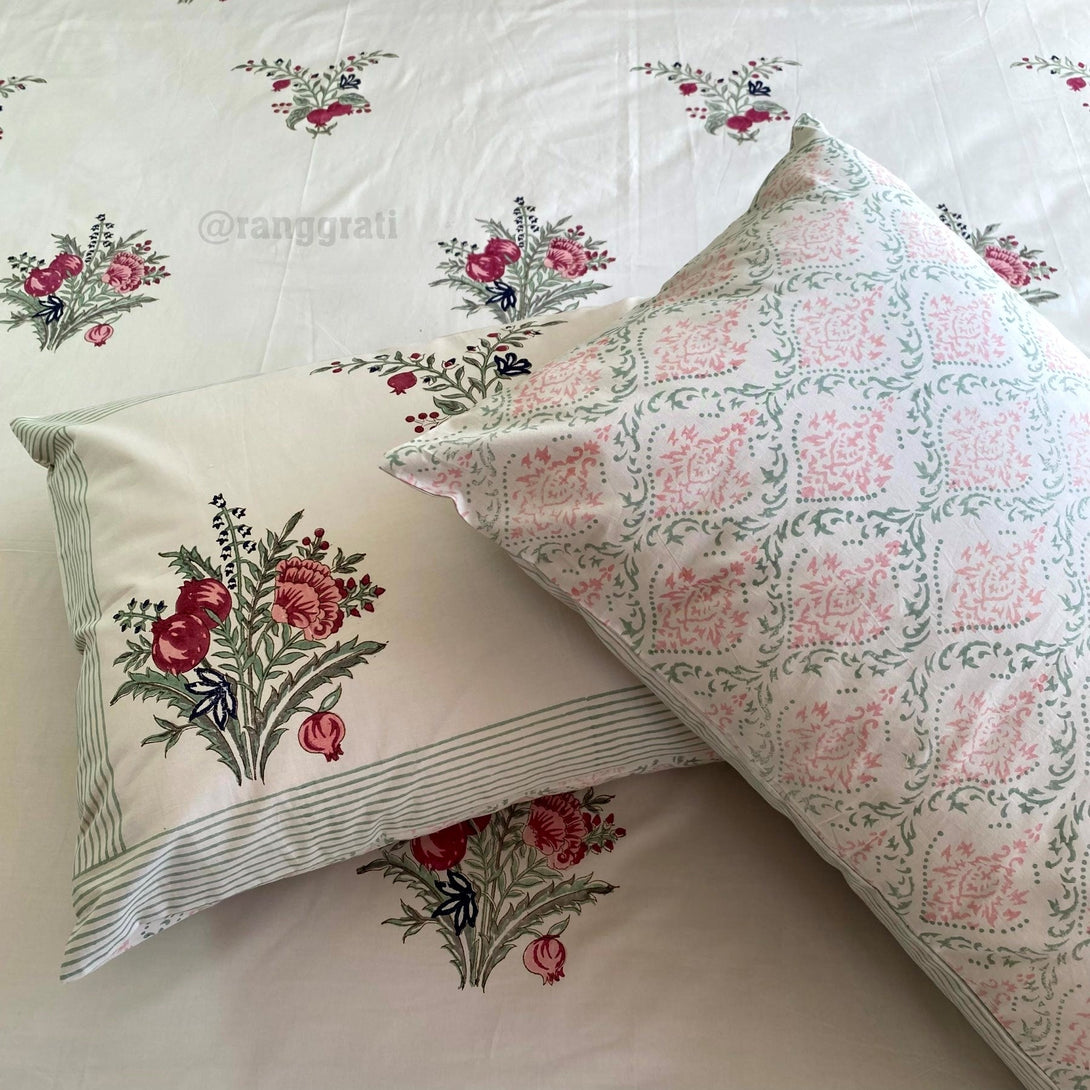 White & Red Pomegranate Super King Size 250 TC Bedsheet Cotton Hand Block - Bedsheet