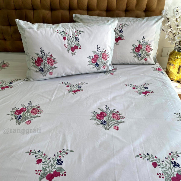 White & Red Pomegranate Super King Size 250 TC Bedsheet Cotton Hand Block - Bedsheet