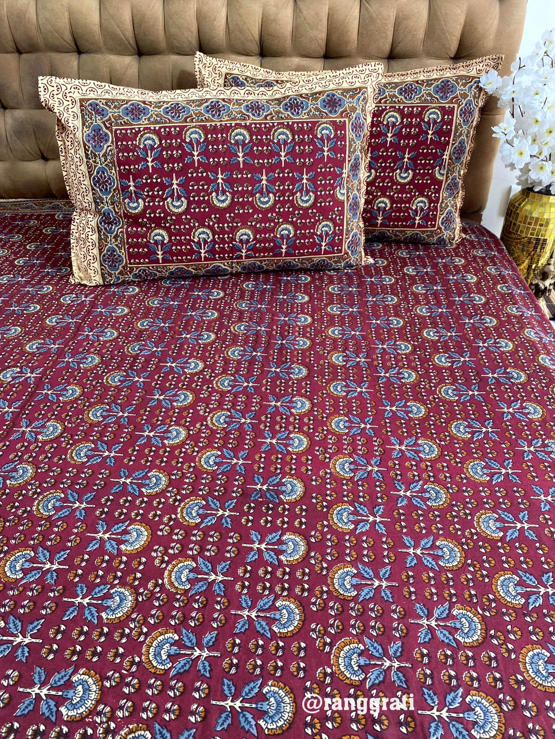 Wine Red Floral Jaipuri Cotton Bedsheet King Size